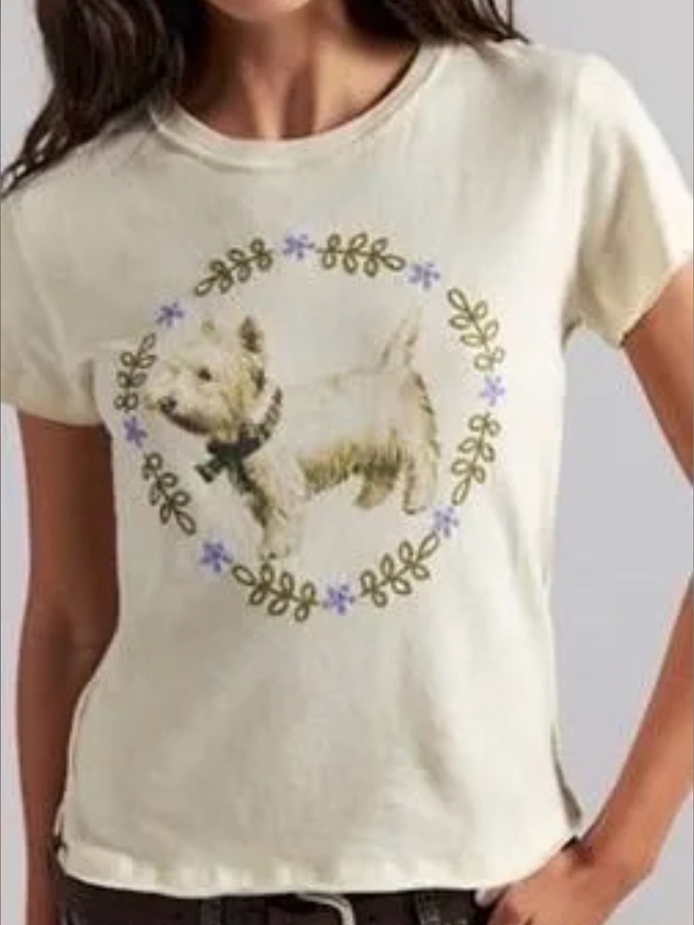 FREE PEOPLE We The Free Embroidered Fur Friend Tee in Westie Ivory Sz Small NWT - Picture 1 of 8